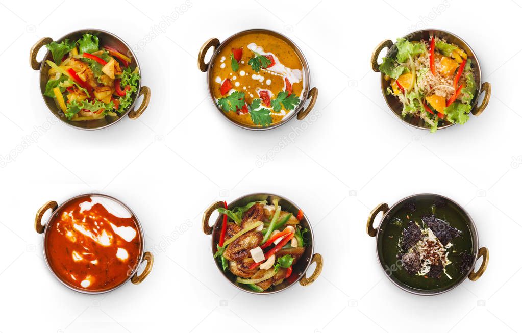 Collage of restaurant dishes isolated on white
