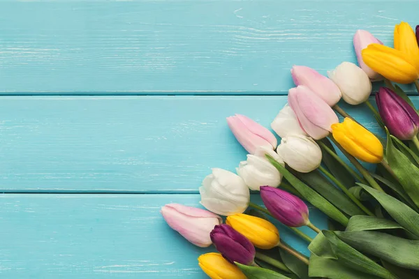 Tulipani colorati su sfondo blu in legno, vista dall'alto — Foto Stock