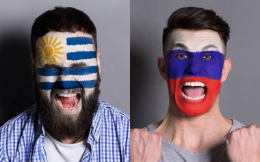 Duygusal futbol taraftarları yüzleri boyalı bayraklı