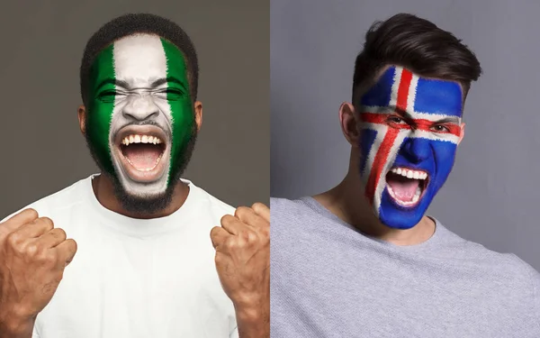 Fãs de futebol emocional com bandeiras pintadas em rostos — Fotografia de Stock