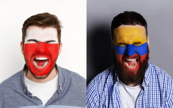 Aficionados emocionales al fútbol con banderas pintadas en las caras —  Fotos de Stock