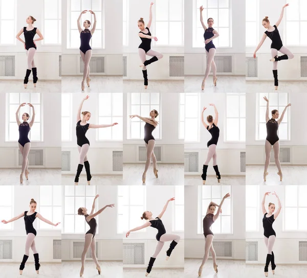 Коллаж молодой балерины, стоящей в балетных позах — стоковое фото