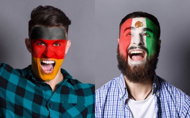 Duygusal futbol taraftarları yüzleri boyalı bayraklı