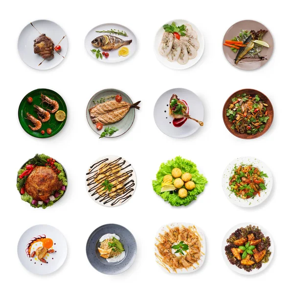 Collage of restaurant dishes isolated on white — Stock Photo, Image