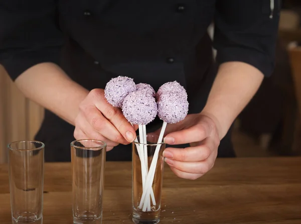 Pink cakepops in glasses, closeup — Stock Photo, Image