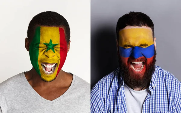 顔に塗られたフラグと感情的なサッカー ・ ファン — ストック写真