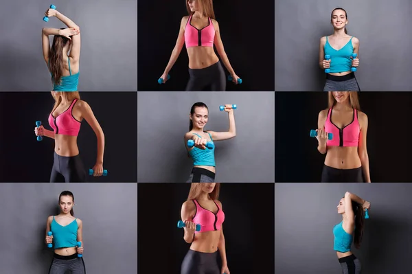 Conjunto de mujeres jóvenes haciendo ejercicios de fitness con pesas —  Fotos de Stock