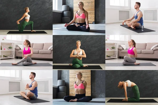 Collage junger Männer und Frauen, die Yoga praktizieren — Stockfoto