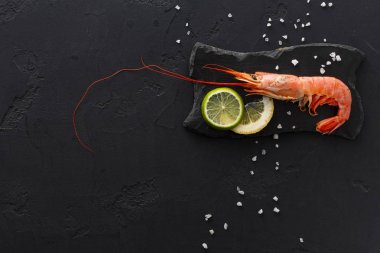 Siyah arka plan üzerine limon ve tuz ile karides
