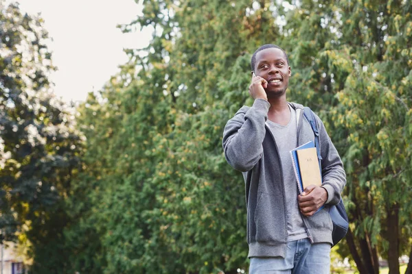 Joven estudiante hablando en el teléfono inteligente en el parque — Foto de Stock