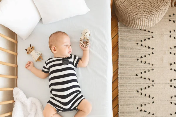 Портрет сплячої новонародженої дитини, що тримає свою іграшку в руці — стокове фото