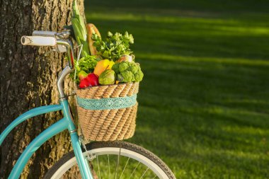 Meyve ve sebzeler bisikletin üstünde sepette.