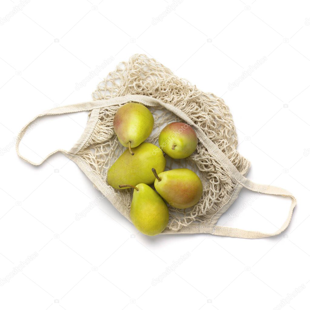 Organic and fresh pears in reusable safety shopping net