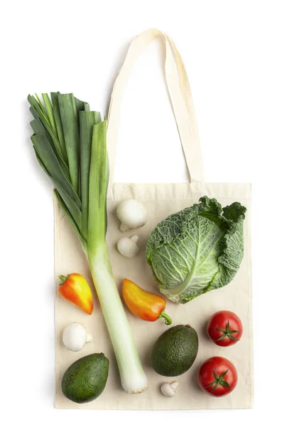 Friss zöldségek díszítése nulla hulladék pamut bevásárló táska — Stock Fotó