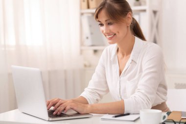 Gülümseyen İş Kadını Ofiste Çalışan Dizüstü Bilgisayarı Kullanıyor