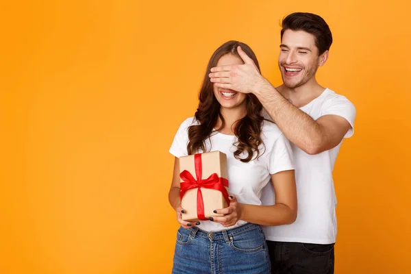 Cheerful husband closing ladys eyes preparing gift — Stockfoto