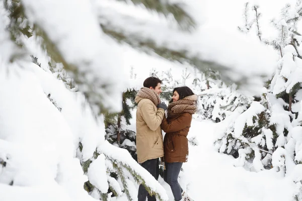 Liebendes Paar hält Händchen im verschneiten Wald am Morgen — Stockfoto