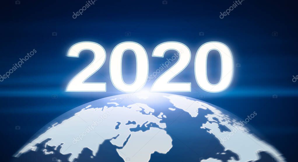 Planet Earth with glowing numbers 2020 like sunrise