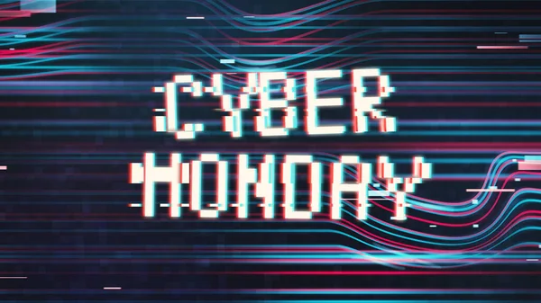 Cyber Monday inscription in distorted glitch style on black background