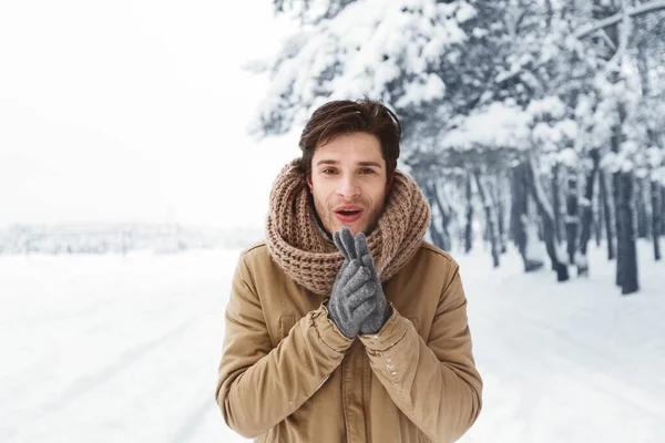 Chico feliz en guantes frotando manos de pie en el bosque de invierno —  Fotos de Stock