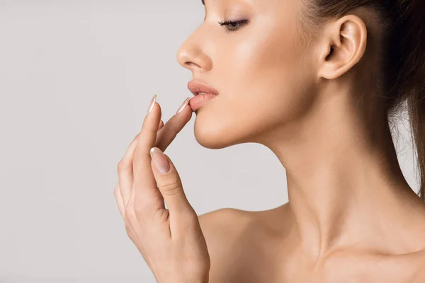Lip augmentation. Beautiful girl touching her lips — Stock Photo, Image
