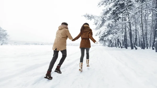无法辨认的配偶牵着手在雪地的森林里逃跑，全景 — 图库照片