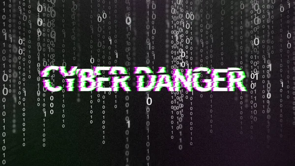 Cyber danger inscription over grey binary code stream matrix background — Stock Photo, Image