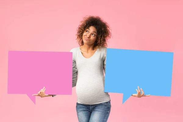 双胞胎怀孕了 持有蓝色和粉色语言泡沫的妇女 — 图库照片