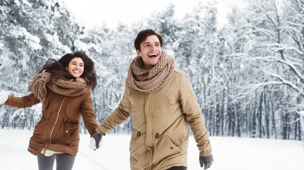 Par går håller händerna i snöig skog, Panorama — Stockfoto