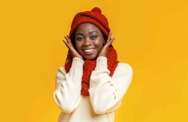 Portrait of joyful afro girl touching her cheeks with hands — Stock Photo, Image