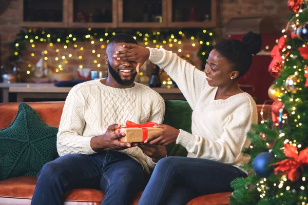 Σύζυγος παρουσιάζει δώρο στον σύζυγο μπροστά από το χριστουγεννιάτικο δέντρο — Φωτογραφία Αρχείου