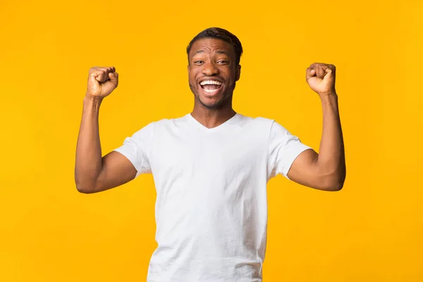 Gioioso afro uomo urlando agitazione pugni celebrando il successo, Studio Shot — Foto Stock