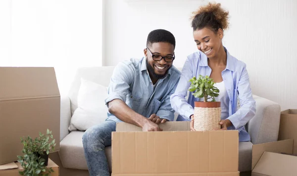 Para Opakowanie roślin w Moving Box siedzi na kanapie w domu — Zdjęcie stockowe