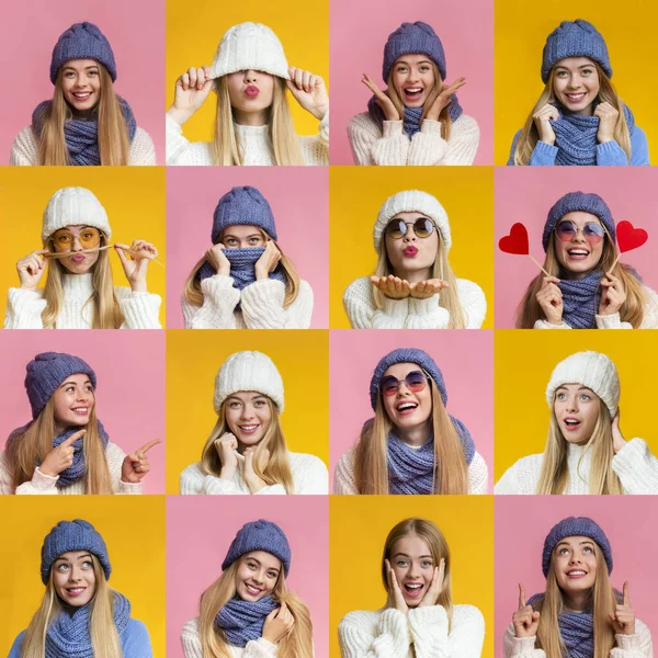 Colaj de expresii și emoții tinere femei de iarnă — Fotografie, imagine de stoc