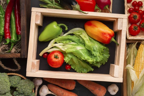 Fresh vegetables in eco wooden boxes on counter — ストック写真