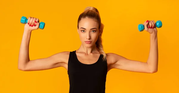 Fit Girl Exercising with Dumbbells over yellow background, Πανόραμα — Φωτογραφία Αρχείου