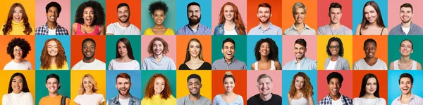 Collage av blandade ras glada människor på ljusa bakgrunder — Stockfoto