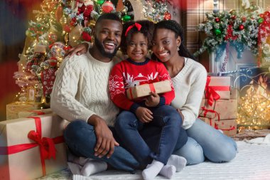 Mutlu Afro-Amerikan ailesi Xmas ağacının yanında poz veriyor.