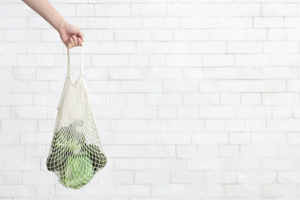 Eco dan sayuran hijau segar yang dikumpulkan di dalam tas belanja jala — Stok Foto