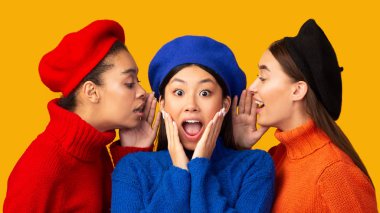 Diverse Young Women Sharing Gossips Standing On Yellow Background, Panorama clipart