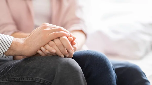 Married couple holding each other hands, giving psychological support — Stock Photo, Image