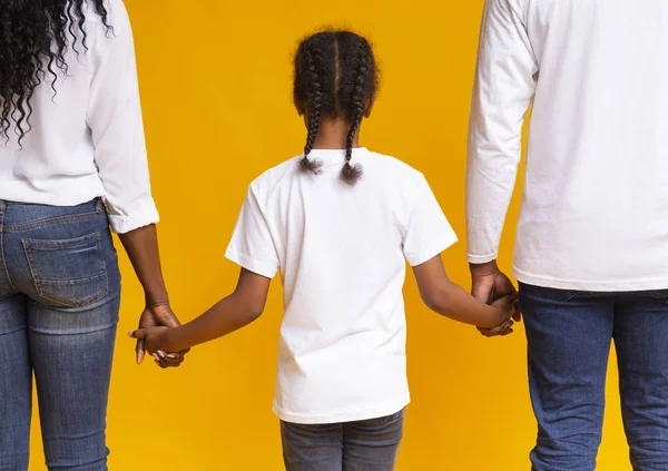 Pouco afro menina de mãos dadas de seus pais adotivos, visão traseira — Fotografia de Stock