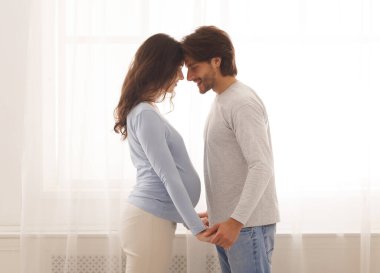 Romantik çift bebek bekliyor, el ele tutuşuyorlar ve alınlarına dokunuyorlar.
