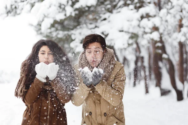 Супруги, выдувающие снег из рук, веселятся в снежном лесу — стоковое фото