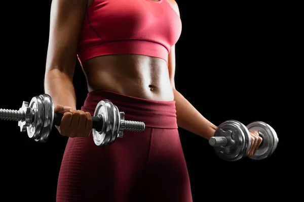 Workout with dumbbells, african girl holding barbells — Stock Photo, Image