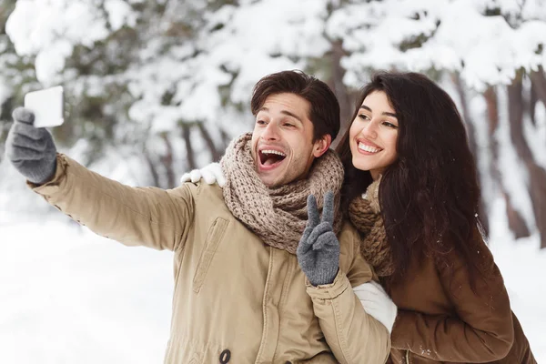 Pareja tomando selfie en teléfono de pie en el bosque de invierno, Panorama —  Fotos de Stock