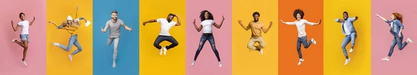 Collage of positive multiracial young people jumping over colorful backgrounds — ストック写真