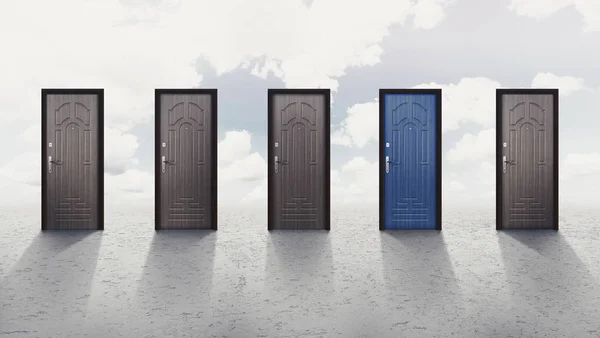 Blue door among four grey doors over sky background — Stock Photo, Image