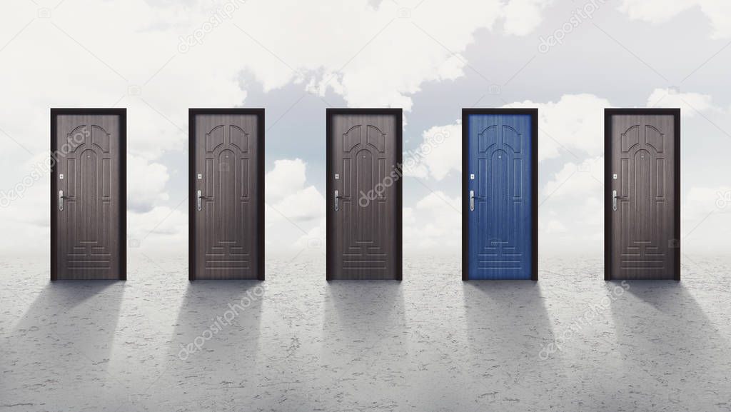 Blue door among four grey doors over sky background