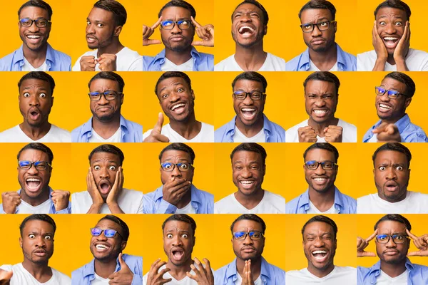 Collage of Black Millennial Mans Diferentes expresiones sobre fondo amarillo — Foto de Stock